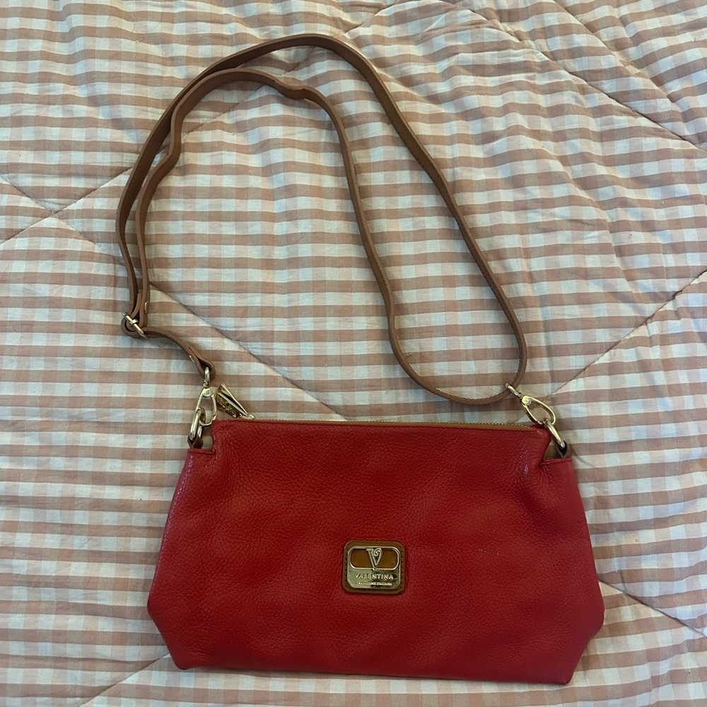 Valentina Red Crossbody Bag with Brown Strap